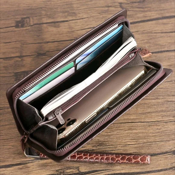 Elegant Brown Embossed Wallet with Strap - Picture 2 of 2